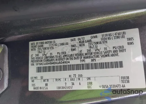 2013 Ford Escape Sel from USA, damaged, VIN 1FMCU0H94DUA04924